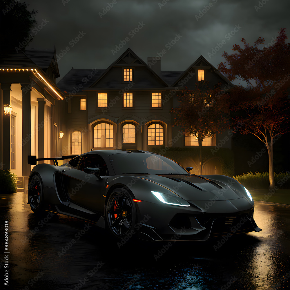 Fototapeta premium Ein rassiges schwarzes Rennsportwagencoupé parkt vor hell erleuchteten herrschaftlichen historischen Häusern, die Lichter spiegeln sich auf dem regennassen Platz in der idyllischen Abendstimmung