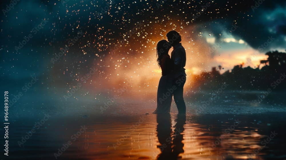 A Couple Stands Close in the Pouring Rain, Their Love Undiminished and Spirits Free as They Weather the Storm Together, United and Strong A Couple Stands Close in the Pouring Rain, Their Love Undiminished and Spirits Free as They Weather the Storm Together, United and Strong