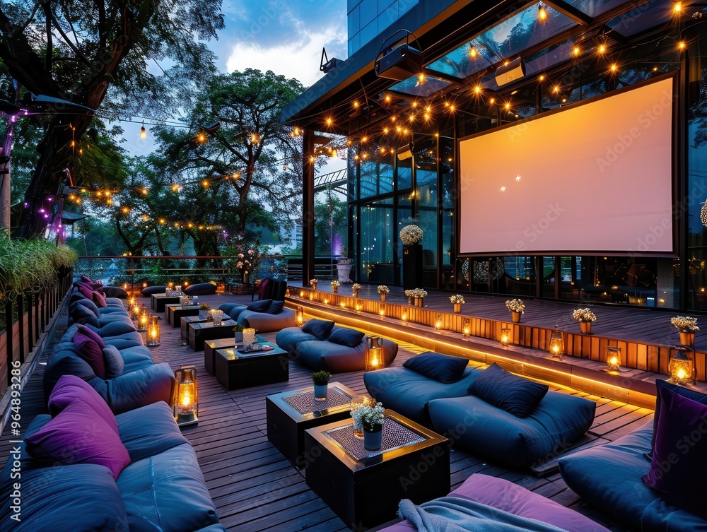Naklejka premium Outdoor cinema with cozy seating, inviting and vibrant, Urban, Soft hues, Photograph, Openair film