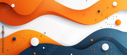 Abstract Background with Orange, Blue, and White Wavy Shapes and Scattered Spheres