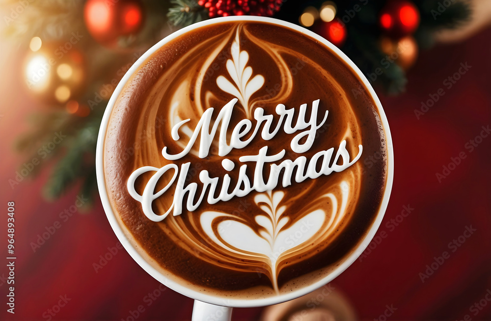 Merry Christmas coffee late art, barista macchiato, hot beverage drink, festive background, template