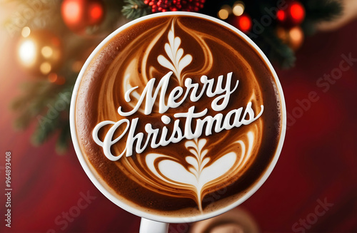 Obraz na płótnie Merry Christmas coffee late art, barista macchiato, hot beverage drink, festive background, template w salonie