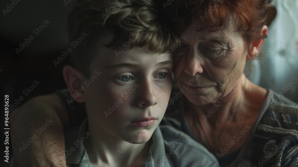 In a Moment of Conflict, a Mother and Son Struggle With Disagreements Over Personal Boundaries, Their Faces Showing Concern and Determination In a Moment of Conflict, a Mother and Son Struggle With Disagreements Over Personal Boundaries, Their Faces Showing Concern and Determination