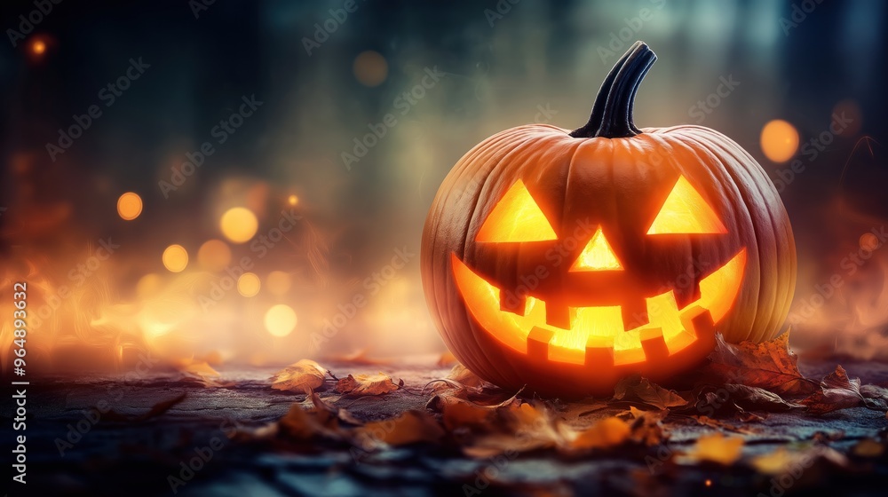 Fototapeta premium Fundo fotográfico de Halloween com abóboras iluminadas em piso de madeiras rústico e luzes desfocadas ao fundo. Ideal para convites, banners e outros projetos de Halloween