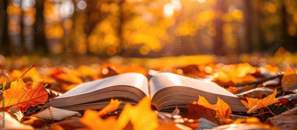 Fallen Autumn Leaves Background With Open Book In Outdoor Fallen Autumn Leaves Background With Open Book In Outdoor