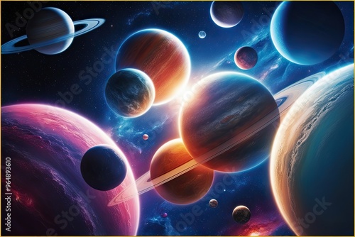 Colorful Cluster of Fantastical Planets in Clear Space Frame photo