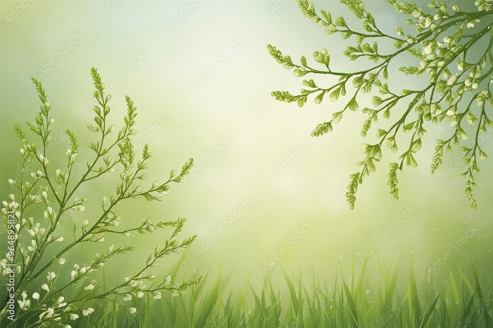 Spring Pastoral Background with Soft Green Silhouettes and Gentle Tones Spring Pastoral Background with Soft Green Silhouettes and Gentle Tones