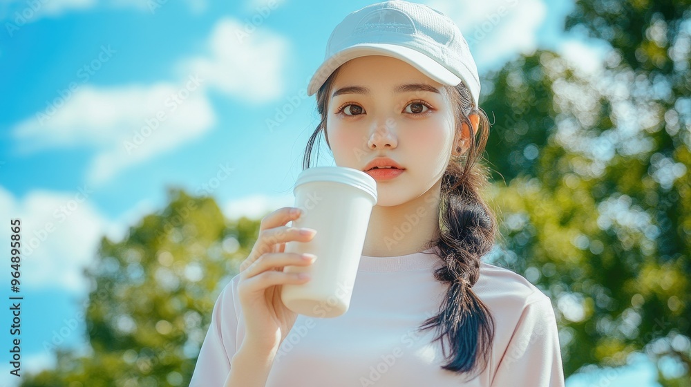 A beautiful Japanese woman is drinking water from the glass outdoors. Portrait. close up view A beautiful Japanese woman is drinking water from the glass outdoors. Portrait. close up view