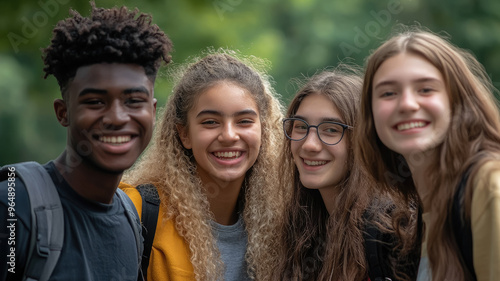 photo of group of cheerful young people of different nationalities in park, friends, students, diversity, smiling girl, boy, man, woman, friendship, teenagers, youth, hiking, walk, portrait, community