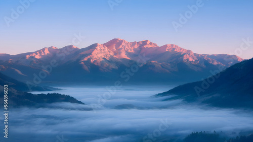 A serene mountain landscape at sunrise