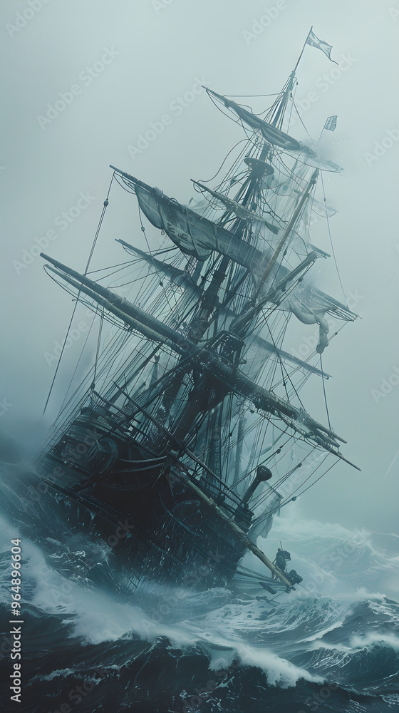 Obraz premium Dramatic Tilt: A Ship Struggling Against the Forces of Nature, Teetering on the Edge of Balance