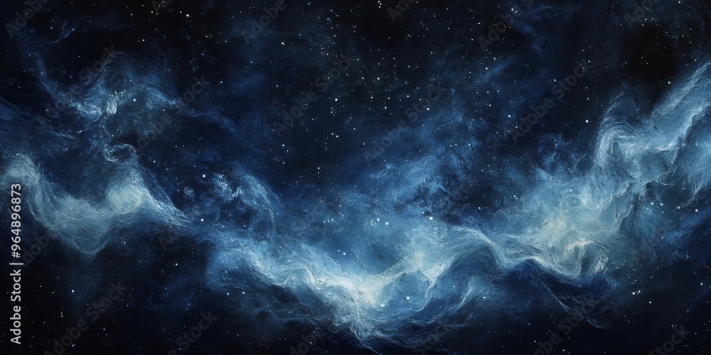Fototapeta premium Abstract blue and white nebula-like design with scattered white dots on a dark blue background.