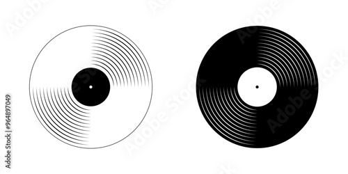 White and black vinyl record icons. LP or long play music discs isolated on white background. DJ equipment for techno club party or 70s 80s discotheque nostalgia concept. Vector graphic illustration.