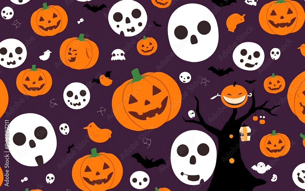 Orange pumpkins and white skulls on a purple background, a spooky Halloween pattern for festive celebrations.
Orange pumpkins and white skulls on a purple background, a spooky Halloween pattern for festive celebrations.