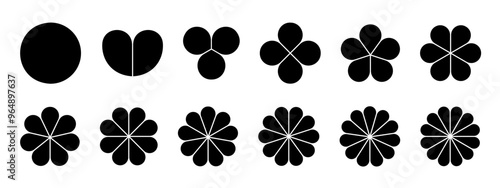 Flower diagrams with petals. Floral chart divided on equal parts from 1 to 12 in leaf shapes isolated on white background. Layouts for business data presentation. Vector graphic illustration.