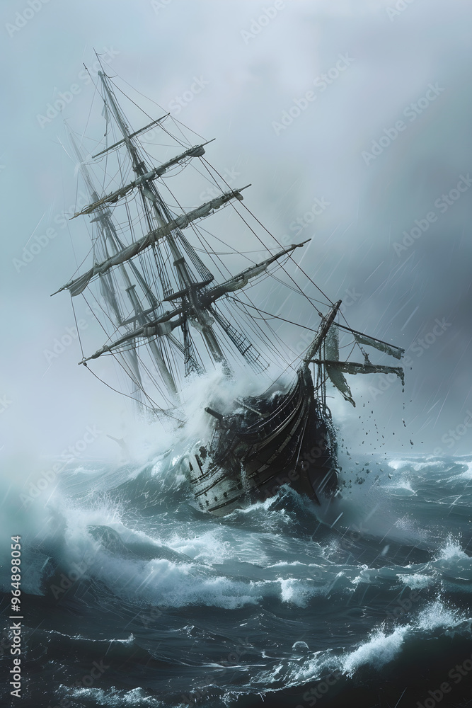 Dramatic Tilt: A Ship Struggling Against the Forces of Nature, Teetering on the Edge of Balance Dramatic Tilt: A Ship Struggling Against the Forces of Nature, Teetering on the Edge of Balance