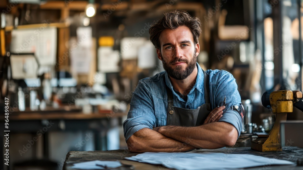 Fototapeta premium Skilled craftsman poses confidently in workshop during daylight hours