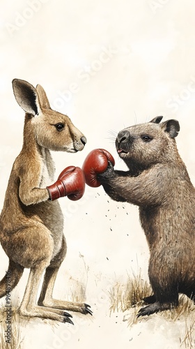 A kangaroo and a wombat boxing photo