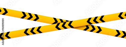Crossed caution tapes with black and yellow chevron print. Safety borders in restricted zone, construction work area or crime scene. Hazard, emergency or closed perimeter signs. Vector illustration.