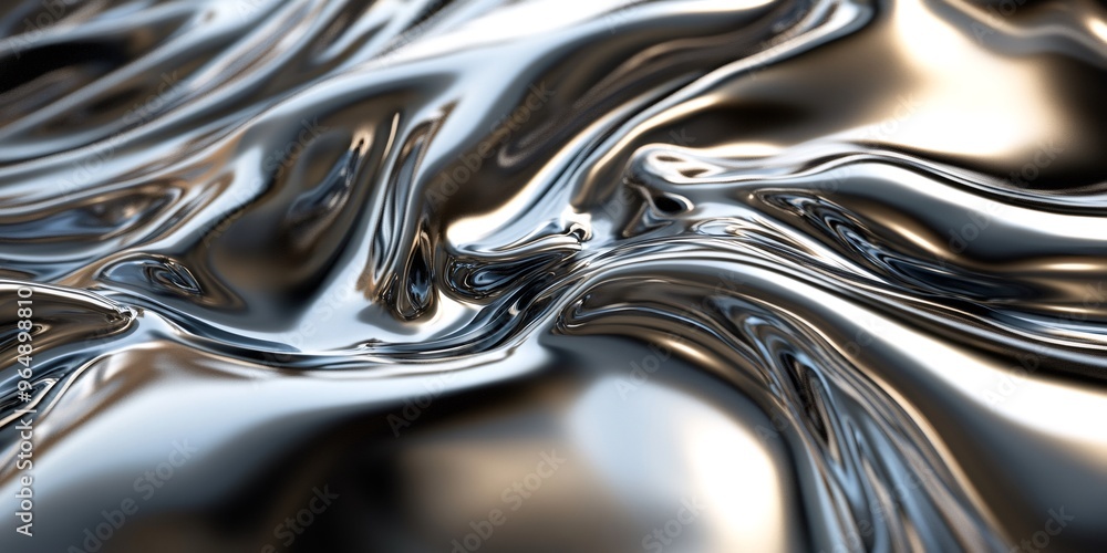 Abstract close up image of shiny, flowing, silver material, with a wave like form and texture, as a background. Abstract close up image of shiny, flowing, silver material, with a wave like form and texture, as a background.