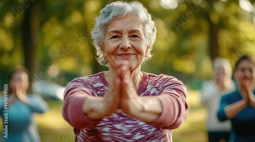 Active workout outdoors. Close up of pleasant grey haired woman in sportswear doing stretching exercises for arms at green sunny park.