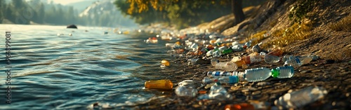 Polluted Lake with Plastic Waste and Green Surrounding Hills