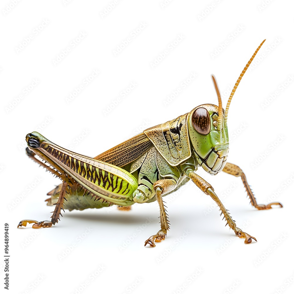 Close-up shot of a whole grasshopper, with white background isolation Close-up shot of a whole grasshopper, with white background isolation
