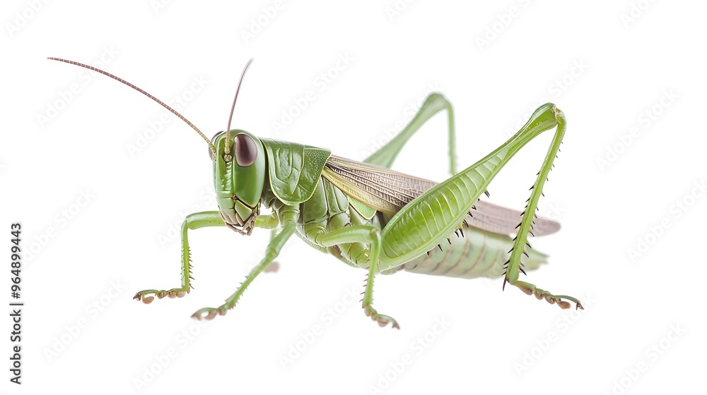 Whole grasshopper shown in detailed close-up, isolated on white background Whole grasshopper shown in detailed close-up, isolated on white background