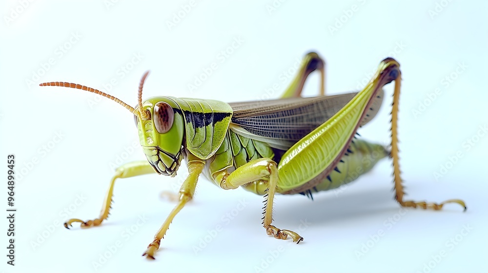 Fototapeta premium Isolated close-up image of a whole grasshopper on a white background