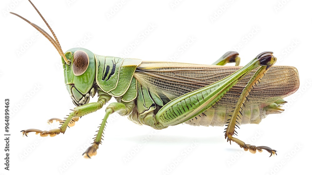 Detailed close-up of an entire grasshopper, isolated against white backdrop