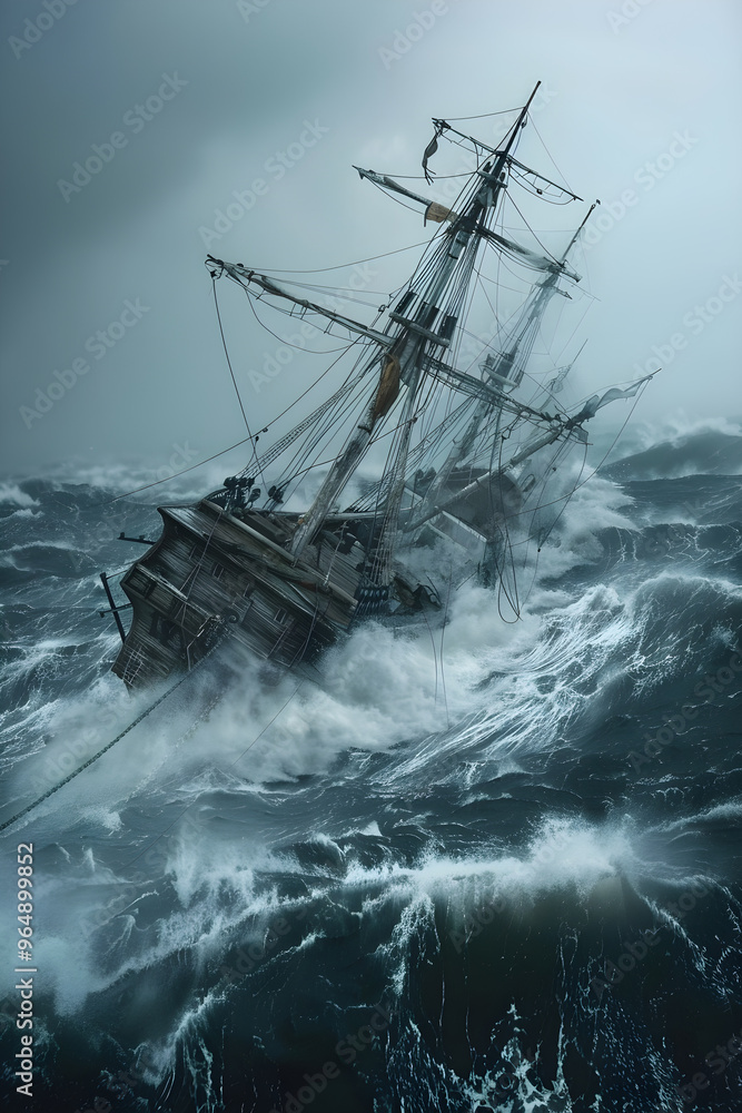Dramatic Tilt: A Ship Struggling Against the Forces of Nature, Teetering on the Edge of Balance Dramatic Tilt: A Ship Struggling Against the Forces of Nature, Teetering on the Edge of Balance