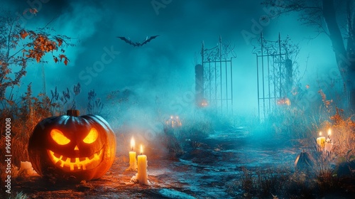 Jack O' Lanterns and eerie graveyard gate decorate this Halloween scene. photo