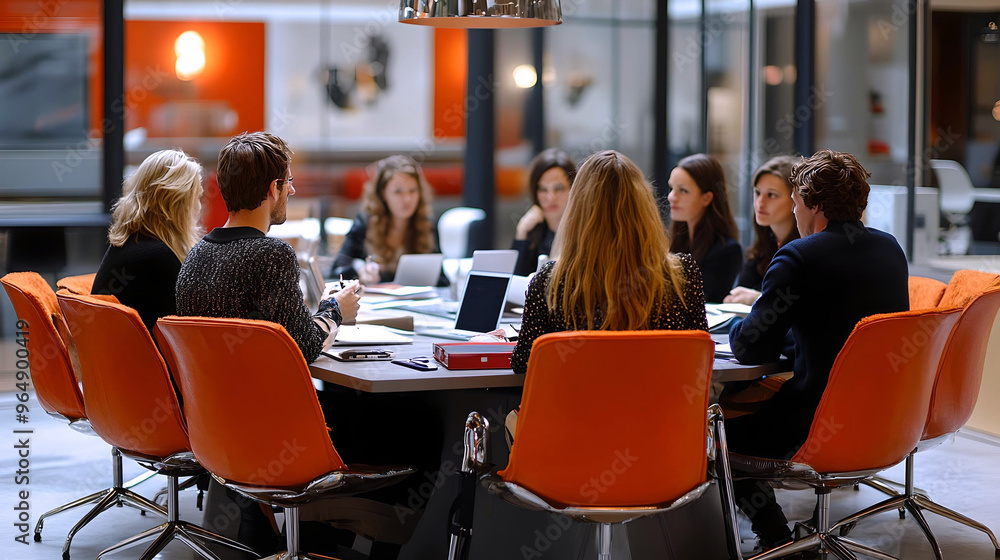 Obraz premium A group of professionals sitting around a modern conference table in a formal meeting, discussing ideas and working together. 