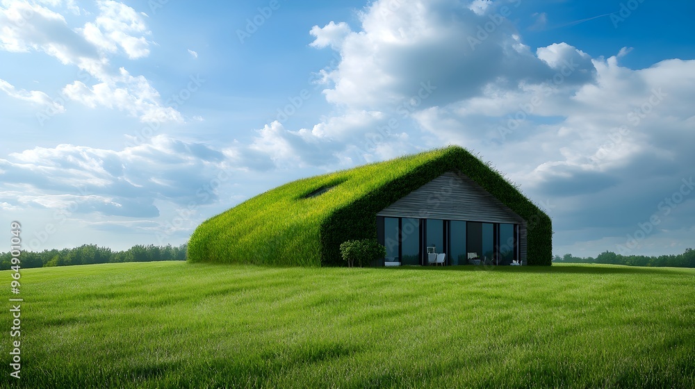 House surrounded by green grass in a field under blue sky House surrounded by green grass in a field under blue sky