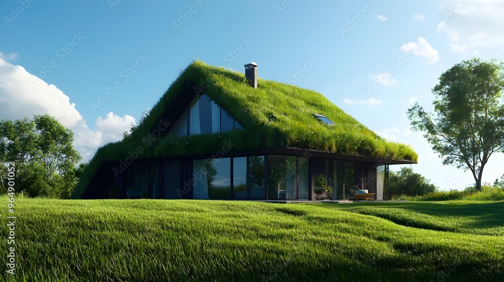 Fototapeta premium Scenic green grass house in field, perfectly under blue sky