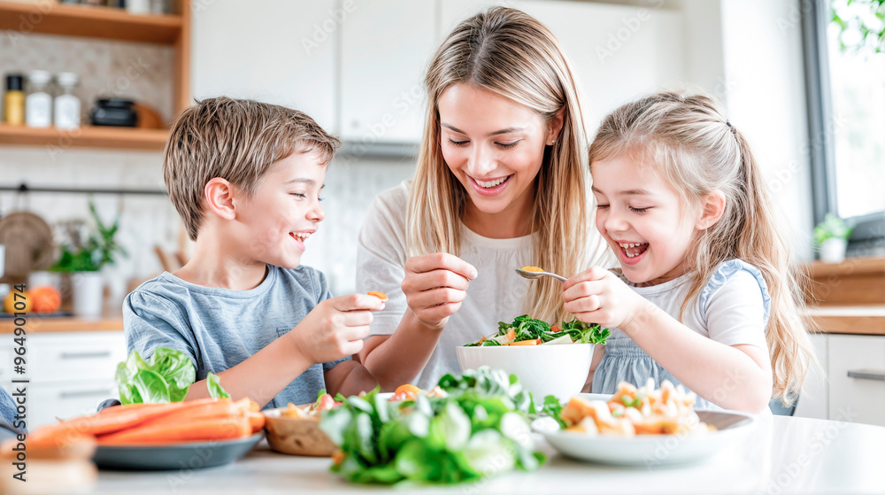 A happy family of four is enjoying preparing a healthy meal together. The mother is feeding her children, and they are all smiling and laughing A happy family of four is enjoying preparing a healthy meal together. The mother is feeding her children, and they are all smiling and laughing