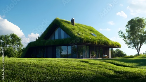 Scenic green grass house in field, perfectly under blue sky