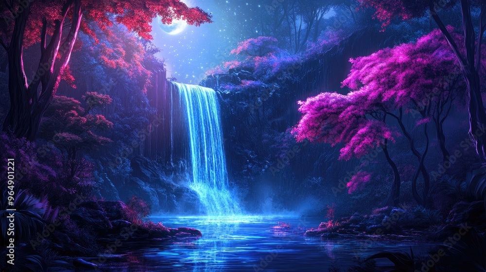 Fototapeta premium Beautiful futuristic forest with neon-colored trees, a glowing waterfall, and moonlight, featuring a cyberpunk aesthetic and dynamic vector design