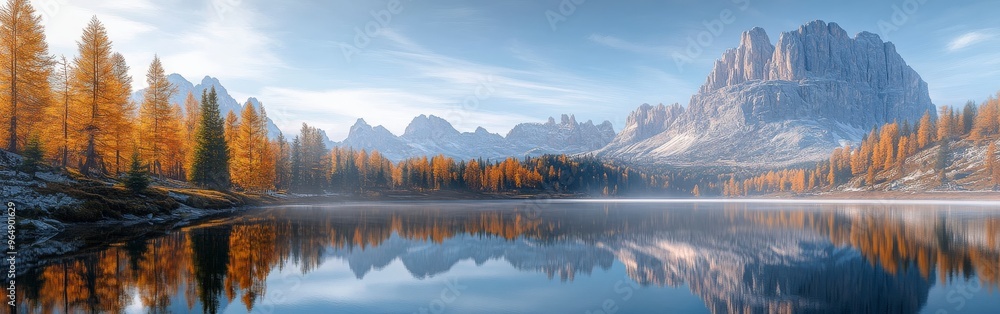 Majestic Mountain Lake with Autumn Forest and Clear Reflection Majestic Mountain Lake with Autumn Forest and Clear Reflection