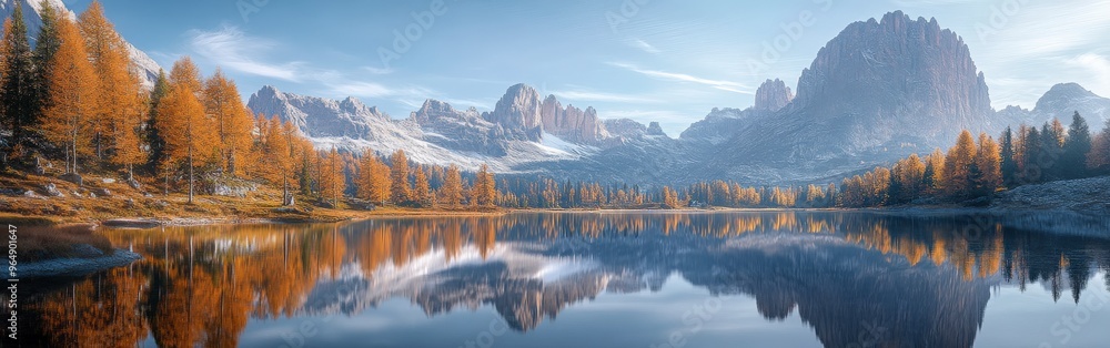 Majestic Mountain Lake with Autumn Forest and Clear Reflection Majestic Mountain Lake with Autumn Forest and Clear Reflection