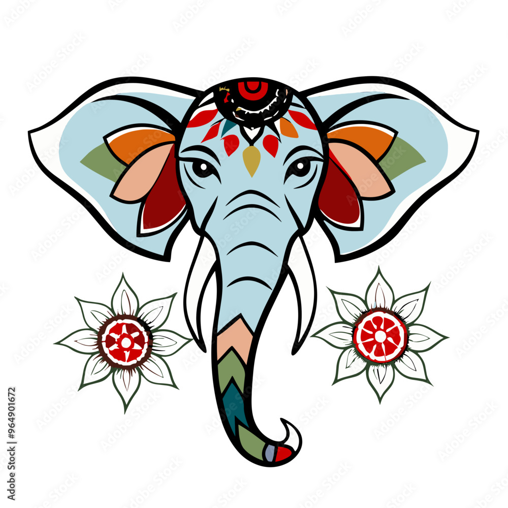 Obraz premium Whimsical elephant portrait with vibrant floral patterns representing joy and wisdom