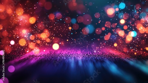 Blurry neon lights in colorful tones, set against a dark background with a dynamic futuristic and microscopic photo effect