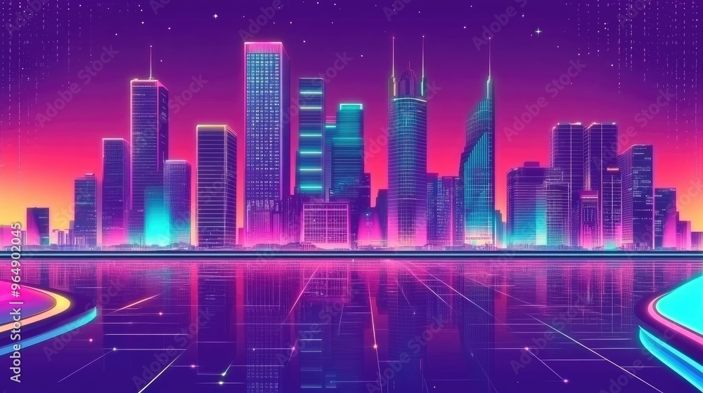 Colorful retro-futuristic cityscape with towering skyscrapers and a river, captured in a cyberpunk style with a dynamic vector background Colorful retro-futuristic cityscape with towering skyscrapers and a river, captured in a cyberpunk style with a dynamic vector background