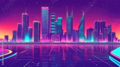 Colorful retro-futuristic cityscape with towering skyscrapers and a river, captured in a cyberpunk style with a dynamic vector background