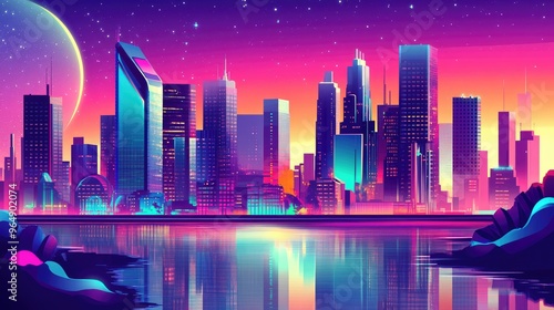 Cyberpunk-inspired cityscape with colorful retro-futuristic skyscrapers and a river, set in a dynamic vector background photo