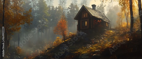 A cozy wooden cabin nestled in a misty autumn forest.