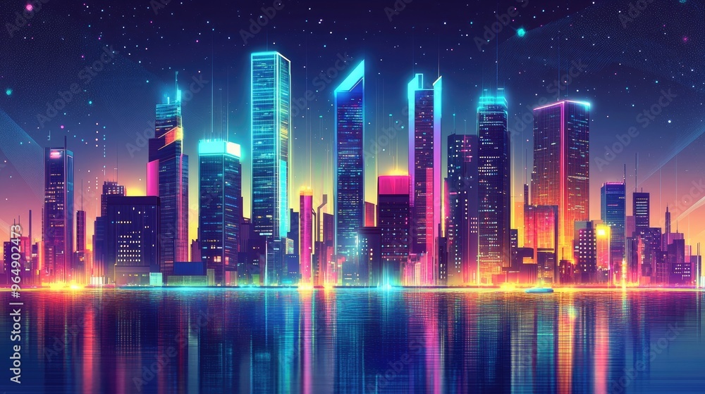 Futuristic city with colorful retro skyscrapers by a river, detailed in a cyberpunk style and set against a dynamic vector background Futuristic city with colorful retro skyscrapers by a river, detailed in a cyberpunk style and set against a dynamic vector background