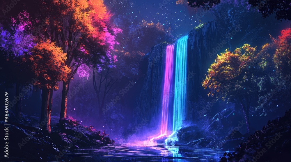 Obraz premium Futuristic forest landscape with colorful trees, a glowing waterfall, and moonlight, designed in a retro-futurism cyberpunk vector