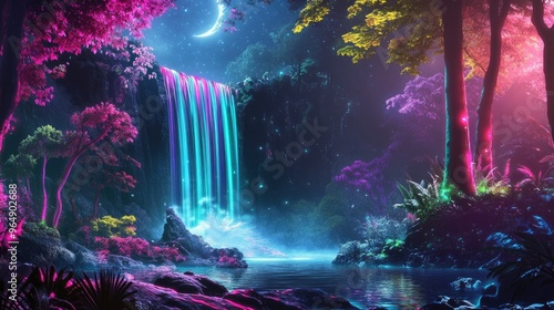 Futuristic forest landscape with colorful trees, a glowing waterfall, and moonlight, designed in a retro-futurism cyberpunk vector