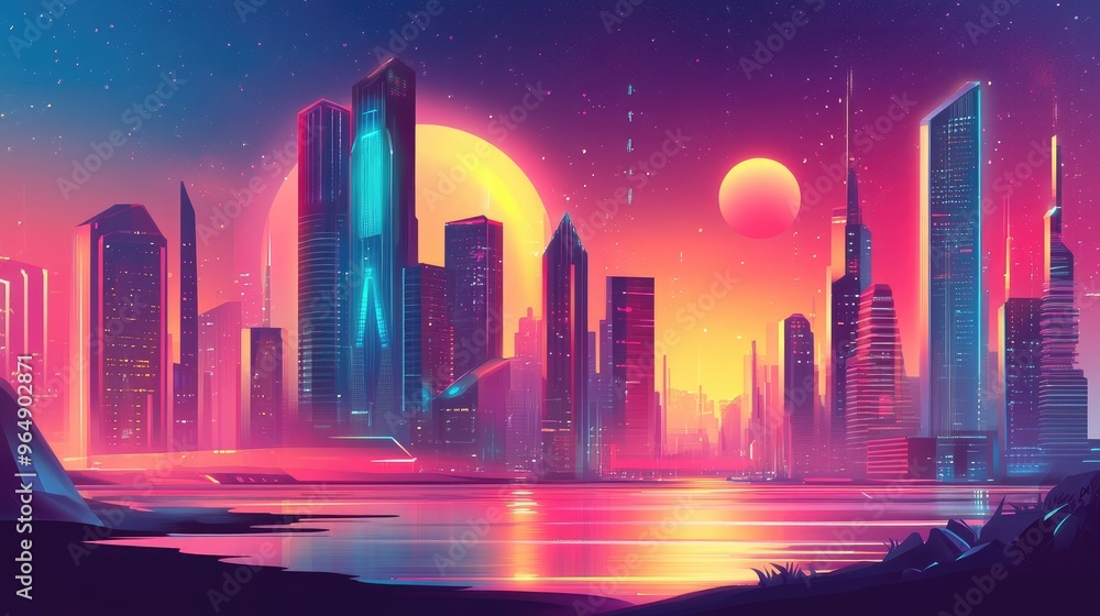 Retro-futurism city with vibrant skyscrapers and a flowing river, set in a cyberpunk-inspired landscape with a futuristic vector backdrop Retro-futurism city with vibrant skyscrapers and a flowing river, set in a cyberpunk-inspired landscape with a futuristic vector backdrop